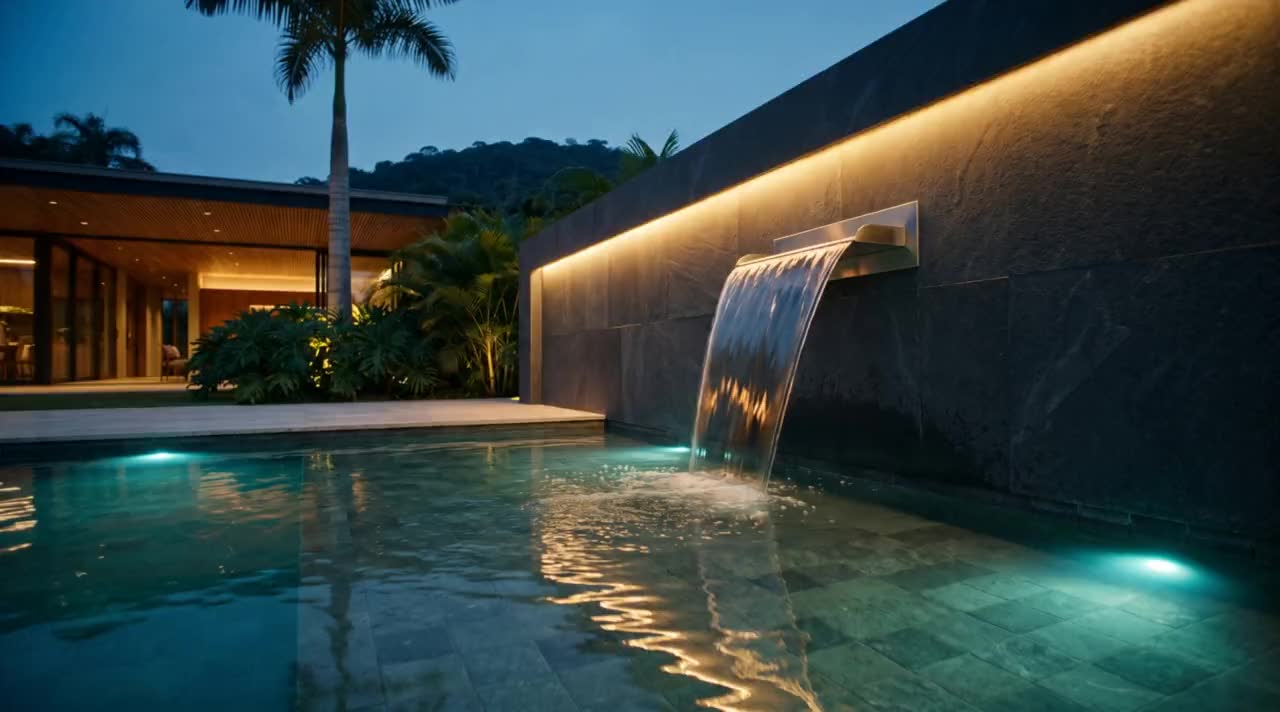 Cascata para piscina em lâmina de inox saindo da parede de pedra, com luz embutida, ao anoitecer