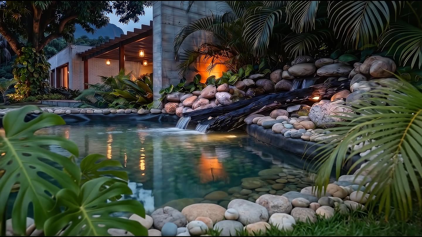 Lago ornamental com cascata de pedra no jardim ao anoitecer; a câmera desce abaixo do chão e mostra o corte da engenharia: estrutura de concreto armado com manta, ralo de fundo, tubulação até a casa de máquinas com filtro, UV e bomba, e retorno da água pela cascata