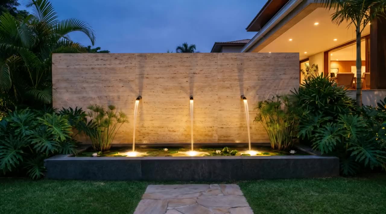 Fonte de água para jardim: muro de travertino com três bicas de bronze caindo num tanque com ninfeias
