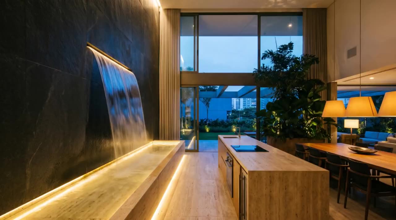 Cascata dentro de casa: lâmina de água na parede de pedra escura da área gourmet, caindo numa calha de travertino iluminada