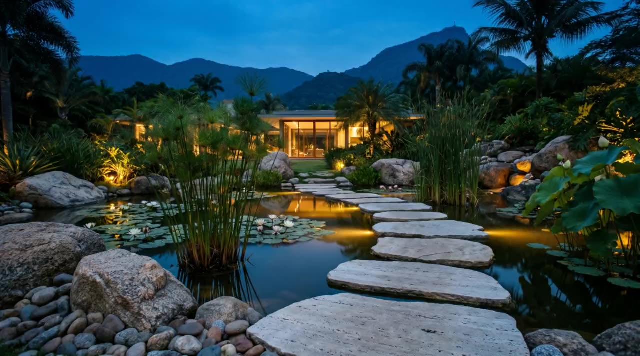 Jardim aquático com ninfeias, papiros e caminho de pedras sobre a água, com a casa iluminada ao fundo